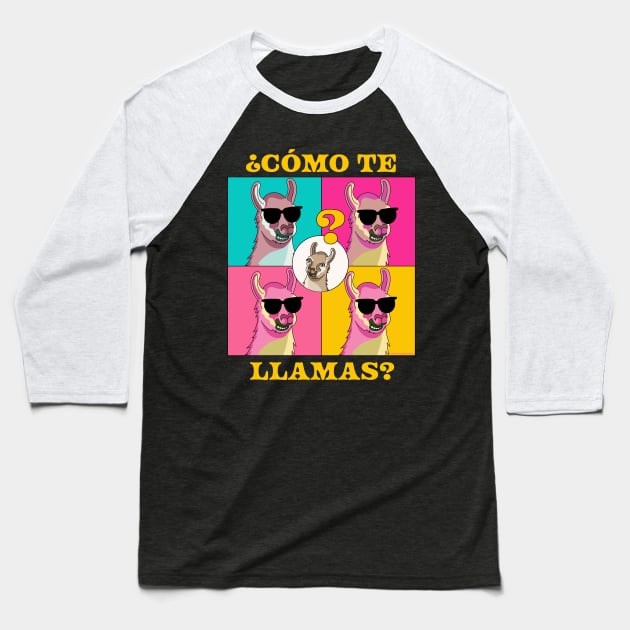 Como Te Llamas, Llama Funny Spanish Teacher Spanish Student Baseball T-Shirt by OrangeMonkeyArt